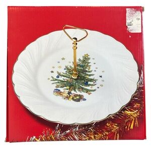 Nikko Happy Holidays Serving Tray Plate with Post Handle Christmas Tree Swirl